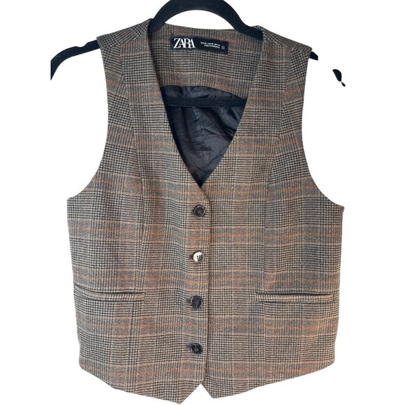 ZARA Womens XS Brown Camel Plaid Wool Blend Vest - Picture 1 of 10